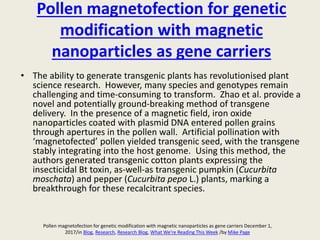 Pollen magnetofection for genetic
modification with magnetic
nanoparticles as gene carriers
• The ability to generate transgenic plants has revolutionised plant
science research. However, many species and genotypes remain
challenging and time-consuming to transform. Zhao et al. provide a
novel and potentially ground-breaking method of transgene
delivery. In the presence of a magnetic field, iron oxide
nanoparticles coated with plasmid DNA entered pollen grains
through apertures in the pollen wall. Artificial pollination with
‘magnetofected’ pollen yielded transgenic seed, with the transgene
stably integrating into the host genome. Using this method, the
authors generated transgenic cotton plants expressing the
insecticidal Bt toxin, as-well-as transgenic pumpkin (Cucurbita
moschata) and pepper (Cucurbita pepo L.) plants, marking a
breakthrough for these recalcitrant species.
Pollen magnetofection for genetic modification with magnetic nanoparticles as gene carriers December 1,
2017/in Blog, Research, Research Blog, What We're Reading This Week /by Mike Page
 