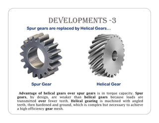 developMents -3
Advantage of helical gears over spur gears is in torque capacity. Spur
gears, by design, are weaker than helical gears because loads are
transmitted over fewer teeth. Helical gearing is machined with angled
teeth, then hardened and ground, which is complex but necessary to achieve
a high-efficiency gear mesh.
Spur gears are replaced by Helical Gears…
Spur Gear Helical Gear
 