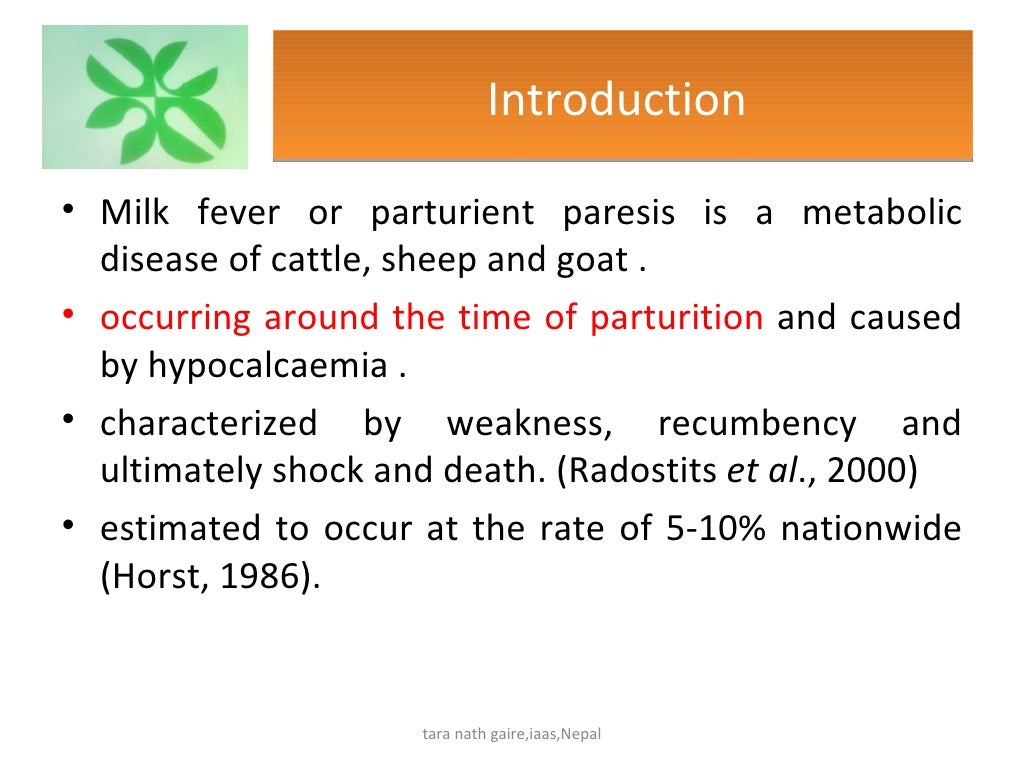 Recent diagnosis and treatment of milk fever in