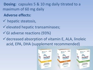 Dosing: capsules 5 & 10 mg daily titrated to a 
maximum of 60 mg daily 
Adverse effects: 
 hepatic steatosis, 
elevated hepatic transaminases; 
GI adverse reactions (93%) 
decreased absorption of vitamin E, ALA, linoleic 
acid, EPA, DHA (supplement recommended) 
 