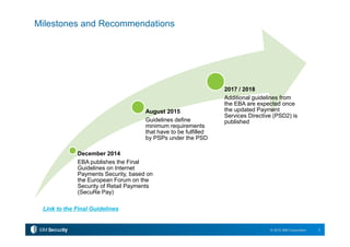 August 2015
Guidelines define
minimum requirements
2017 / 2018
Additional guidelines from
the EBA are expected once
the updated Payment
Services Directive (PSD2) is
published
Milestones and Recommendations
3© 2015 IBM Corporation
December 2014
EBA publishes the Final
Guidelines on Internet
Payments Security, based on
the European Forum on the
Security of Retail Payments
(SecuRe Pay)
minimum requirements
that have to be fulfilled
by PSPs under the PSD
published
Link to the Final Guidelines
 