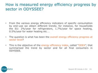 15
How is measured energy efficiency progress by
sector in ODYSSEE?
• From the various energy efficiency indicators of specific consumption
by end–use we obtain different trends; for instance, for households
the EU: 2%/year for refrigerators, 1.7%/year for space heating,
0.5%/year for water heating etc….
• The question is what has been the overall energy efficiency progress at
sector level?
• This is the objective of the energy efficiency index, called “ODEX”, that
summarised the trend by sector and for all final consumers in
ODYSSEE.
Recent EE trends in EU
 