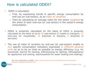 How is calculated ODEX?
• ODEX is calculated:
o First, by expressing trends in specific energy consumption by
end-use (or sub-sector), as an index of variation;
o Then by calculating an average index for the sector weighted by
the share of each end-use (or sub-sector) in the sector’s energy
consumption.
• ODEX is presently calculated on the basis of ODEX is presently
calculated on the basis of up to 40 sub-sectors (8 modes in transport, 11
end-uses for households, 14 branches in industry, 6 branches in
services).
• The use of index of variation by end-use (or sub-sector) enable to
mix specific consumption indicators expressed in different physical
units so as to be as close as possible to energy efficiency (e.g. for
household: toe/m2 for heating, kWh/dwelling for lighting, kWh/appliance
for appliances and cooling, toe/household for water heating and cooking).
16
*For more information on ODEX: https://www.odyssee-mure.eu/publications/archives/odex-
indicators-database-definition.html
Recent EE trends in EU
 