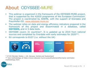 ▪ This webinar is organized in the framework of the ODYSSEE-MURE project,
that is supported by the H2020 programme of the European Commission.
The project is coordinated by ADEME, with the support of Enerdata and
Fraunhofer-ISI. www.odyssee-mure.eu
▪ The webinar relies on data and energy efficiency indicators prepared in the
framework of the project and disseminated in a database, called
ODYSSEE, and in 5 data tools.
▪ ODYSSEE covers 31 countries*. It is updated up to 2019 from national
sources and completed by Enerdata with early estimates for 2020**.
▪ EU corresponds to EU27 (i.e. without the UK)
2
* 27 EU Member States + UK, Norway, Serbia and Switzerland
** See methodology at https://www.odyssee-mure.eu/publications/other/early-estimates-
methodology.html
Recent EE trends in EU
About
 