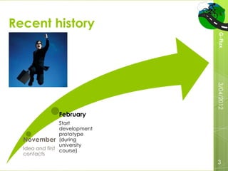 Recent history




                               G-Flux
                               3/04/2012
               February
                 Start
                 development
                 prototype
  November (during
                 university
  Idea and first course)
  contacts
                               3
 