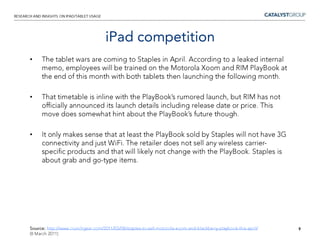 iPad 2 now includes a double camera (similar to the iPhone 4) so that the user can do face-to-face interactions as well as take rear-facing photographs.6Planned tablet launches this yearSource: http://www.businessinsider.com/morgan-stanley-tablets-2011-2#no-other-category-of-mobile-device-has-ever-grown-so-fast-1 (16 Feb 2011)