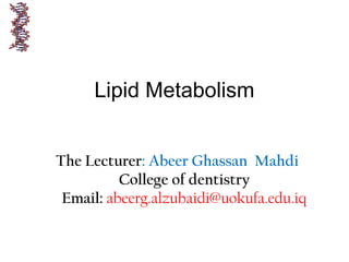 Lipid Metabolism
The Lecturer: Abeer Ghassan Mahdi
College of dentistry
Email: abeerg.alzubaidi@uokufa.edu.iq
 