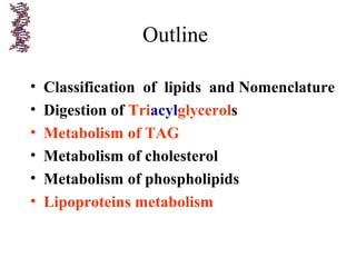 Outline
• Classification of lipids and Nomenclature
• Digestion of Triacylglycerols
• Metabolism of TAG
• Metabolism of cholesterol
• Metabolism of phospholipids
• Lipoproteins metabolism
 