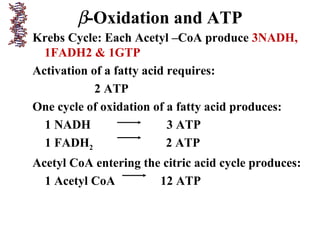 β-Oxidation and ATP
Krebs Cycle: Each Acetyl –CoA produce 3NADH,
1FADH2 & 1GTP
Activation of a fatty acid requires:
2 ATP
One cycle of oxidation of a fatty acid produces:
1 NADH 3 ATP
1 FADH2 2 ATP
Acetyl CoA entering the citric acid cycle produces:
1 Acetyl CoA 12 ATP
 