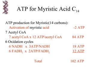 ATP for Myristic Acid C14
ATP production for Myristic(14 carbons):
Activation of myristic acid -2 ATP
7 Acetyl CoA
7 acetyl CoA x 12 ATP/acetyl CoA 84 ATP
6 Oxidation cycles
6 NADH x 3ATP/NADH 18 ATP
6 FADH2 x 2ATP/FADH2 12 ATP
Total 102 ATP
 