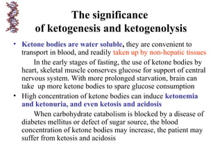 The significance
of ketogenesis and ketogenolysis
• Ketone bodies are water soluble, they are convenient to
transport in blood, and readily taken up by non-hepatic tissues
In the early stages of fasting, the use of ketone bodies by
heart, skeletal muscle conserves glucose for support of central
nervous system. With more prolonged starvation, brain can
take up more ketone bodies to spare glucose consumption
• High concentration of ketone bodies can induce ketonemia
and ketonuria, and even ketosis and acidosis
When carbohydrate catabolism is blocked by a disease of
diabetes mellitus or defect of sugar source, the blood
concentration of ketone bodies may increase, the patient may
suffer from ketosis and acidosis
 