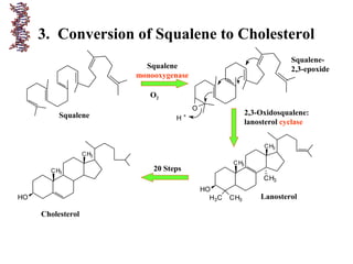 3. Conversion of Squalene to Cholesterol
O
H +
CH3H3C
CH3
HO
CH3
CH3
CH3
HO
CH3
Squalene
Squalene
monooxygenase
2,3-Oxidosqualene:
lanosterol cyclase
Lanosterol
20 Steps
Cholesterol
O2
Squalene-
2,3-epoxide
 