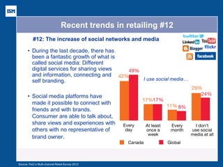 Recent trends in retailing #12 
• During the last decade, there has 
been a fantastic growth of what is 
called social media: Different 
digital services for sharing views 
and information, connecting and 
self branding. 
• Social media platforms have 
made it possible to connect with 
friends and with brands. 
Consumer are able to talk about, 
share views and experiences with 
others with no representative of 
brand owner. 
I use social media… 
Source: PwC’s Multi-channel Retail Survey 2012 
#12: The increase of social networks and media 
 