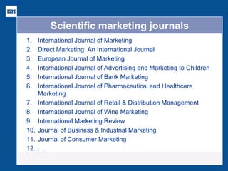 Scientific marketing journals 
1.International Journal of Marketing 
2.Direct Marketing: An International Journal 
3.European Journal of Marketing 
4.International Journal of Advertising and Marketing to Children 
5.International Journal of Bank Marketing 
6.International Journal of Pharmaceutical and Healthcare Marketing 
7.International Journal of Retail & Distribution Management 
8.International Journal of Wine Marketing 
9.International Marketing Review 
10.Journal of Business & Industrial Marketing 
11.Journal of Consumer Marketing 
12.… 
 