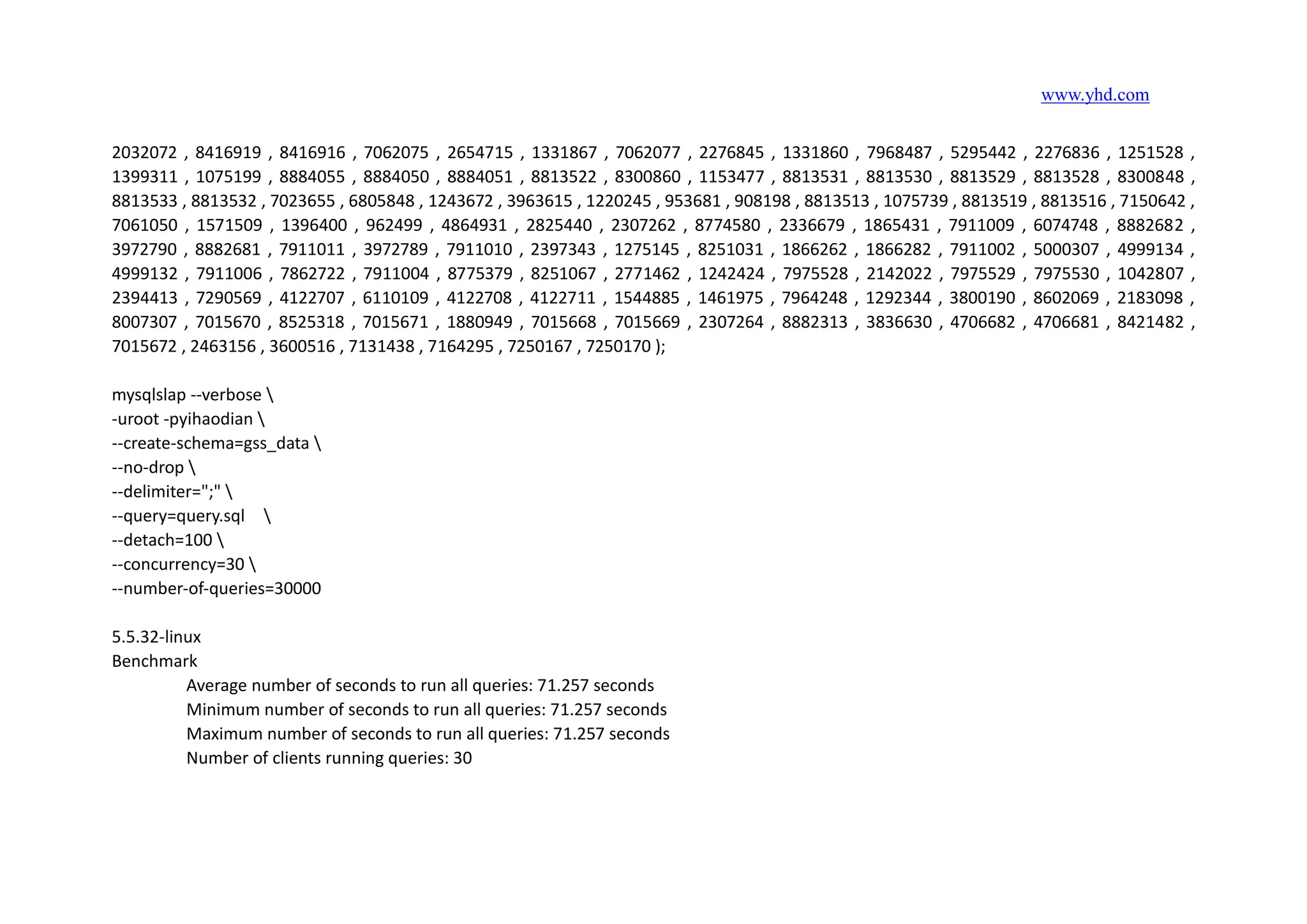 www.yhd.com
2032072 , 8416919 , 8416916 , 7062075 , 2654715 , 1331867 , 7062077 , 2276845 , 1331860 , 7968487 , 5295442 , 2276836 , 1251528 ,
1399311 , 1075199 , 8884055 , 8884050 , 8884051 , 8813522 , 8300860 , 1153477 , 8813531 , 8813530 , 8813529 , 8813528 , 8300848 ,
8813533 , 8813532 , 7023655 , 6805848 , 1243672 , 3963615 , 1220245 , 953681 , 908198 , 8813513 , 1075739 , 8813519 , 8813516 , 7150642 ,
7061050 , 1571509 , 1396400 , 962499 , 4864931 , 2825440 , 2307262 , 8774580 , 2336679 , 1865431 , 7911009 , 6074748 , 8882682 ,
3972790 , 8882681 , 7911011 , 3972789 , 7911010 , 2397343 , 1275145 , 8251031 , 1866262 , 1866282 , 7911002 , 5000307 , 4999134 ,
4999132 , 7911006 , 7862722 , 7911004 , 8775379 , 8251067 , 2771462 , 1242424 , 7975528 , 2142022 , 7975529 , 7975530 , 1042807 ,
2394413 , 7290569 , 4122707 , 6110109 , 4122708 , 4122711 , 1544885 , 1461975 , 7964248 , 1292344 , 3800190 , 8602069 , 2183098 ,
8007307 , 7015670 , 8525318 , 7015671 , 1880949 , 7015668 , 7015669 , 2307264 , 8882313 , 3836630 , 4706682 , 4706681 , 8421482 ,
7015672 , 2463156 , 3600516 , 7131438 , 7164295 , 7250167 , 7250170 );
mysqlslap --verbose 
-uroot -pyihaodian 
--create-schema=gss_data 
--no-drop 
--delimiter=";" 
--query=query.sql 
--detach=100 
--concurrency=30 
--number-of-queries=30000
5.5.32-linux
Benchmark
Average number of seconds to run all queries: 71.257 seconds
Minimum number of seconds to run all queries: 71.257 seconds
Maximum number of seconds to run all queries: 71.257 seconds
Number of clients running queries: 30
 