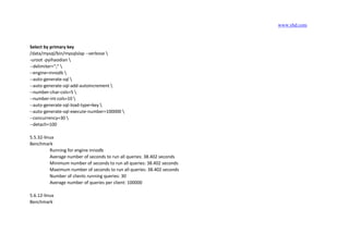 www.yhd.com
Select by primary key
/data/mysql/bin/mysqlslap --verbose 
-uroot -pyihaodian 
--delimiter=";" 
--engine=innodb 
--auto-generate-sql 
--auto-generate-sql-add-autoincrement 
--number-char-cols=5 
--number-int-cols=10 
--auto-generate-sql-load-type=key 
--auto-generate-sql-execute-number=100000 
--concurrency=30 
--detach=100
5.5.32-linux
Benchmark
Running for engine innodb
Average number of seconds to run all queries: 38.402 seconds
Minimum number of seconds to run all queries: 38.402 seconds
Maximum number of seconds to run all queries: 38.402 seconds
Number of clients running queries: 30
Average number of queries per client: 100000
5.6.12-linux
Benchmark
 
