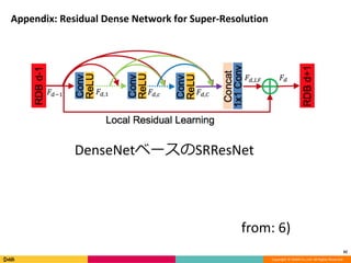 Copyright	©	DeNA	Co.,Ltd.	All	Rights	Reserved.
Appendix:	Residual	Dense	Network	for	Super-Resolution
32
DenseNetベースのSRResNet
from:	6)
 