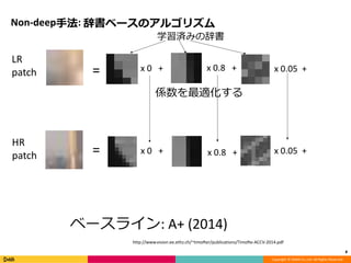 Copyright	©	DeNA	Co.,Ltd.	All	Rights	Reserved.
Non-deep⼿法:	辞書ベースのアルゴリズム
8
=
係数を最適化する
8
ベースライン:	A+	(2014)
http://www.vision.ee.ethz.ch/~timofter/publications/Timofte-ACCV-2014.pdf
=
学習済みの辞書
x	0			+	
x	0			+	
x	0.8			+	
x	0.8			+	
x	0.05		+	
x	0.05		+	
LR
patch
HR
patch
 