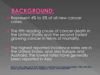 BACKGROUND:Represent 4% to 5% of all new cancer cases.The fifth leading cause of cancer death in the United States and the second fastest growing cancer in terms of mortality. The highest reported incidence rates are in the United States, and also Europe and Australia; the lowest rates have generally been reported in AsiaSeow A, Lee J, Sng I, et al. Non-Hodgkin's lymphoma in an Asian population: 1968–1992 time trends and ethnic differences in Singapore. Cancer 1996;77(9):1899. 