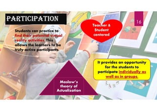 participation
Teacher &
Student
centered
It provides an opportunity
for the students to
participate individually as
well as in groups.
Maslow’s
theory of
Actualization
Students can practice to
find their potential virtual
reality activities. This
allows the learners to be
truly active participants.
16
 