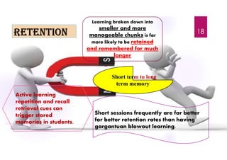 retention
Short term to long
term memory
Learning broken down into
smaller and more
manageable chunks is far
more likely to be retained
and remembered for much
longer
Short sessions frequently are far better
for better retention rates than having
gargantuan blowout learning.
Active learning
repetition and recall
retrieval cues can
trigger stored
memories in students.
18
 
