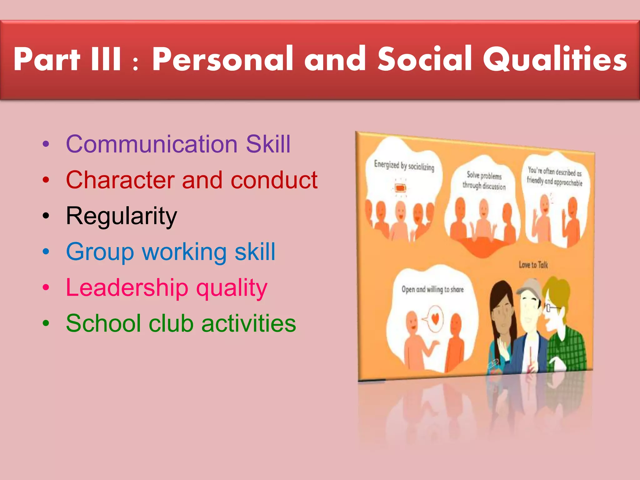 Suresh Babu G
Part III : Personal and Social Qualities
• Communication Skill
• Character and conduct
• Regularity
• Group working skill
• Leadership quality
• School club activities
 