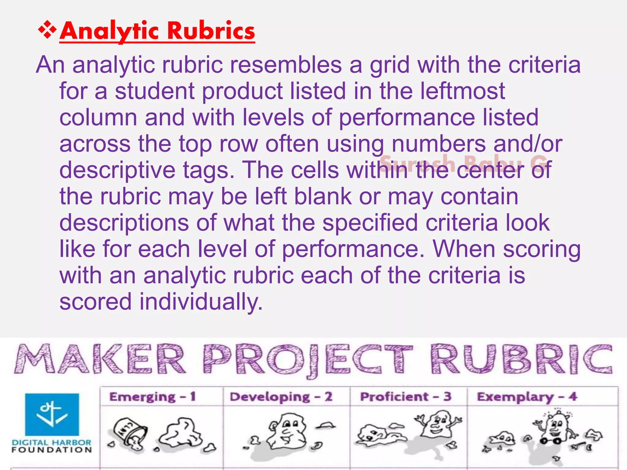 Suresh Babu G
Analytic Rubrics
An analytic rubric resembles a grid with the criteria
for a student product listed in the leftmost
column and with levels of performance listed
across the top row often using numbers and/or
descriptive tags. The cells within the center of
the rubric may be left blank or may contain
descriptions of what the specified criteria look
like for each level of performance. When scoring
with an analytic rubric each of the criteria is
scored individually.
 