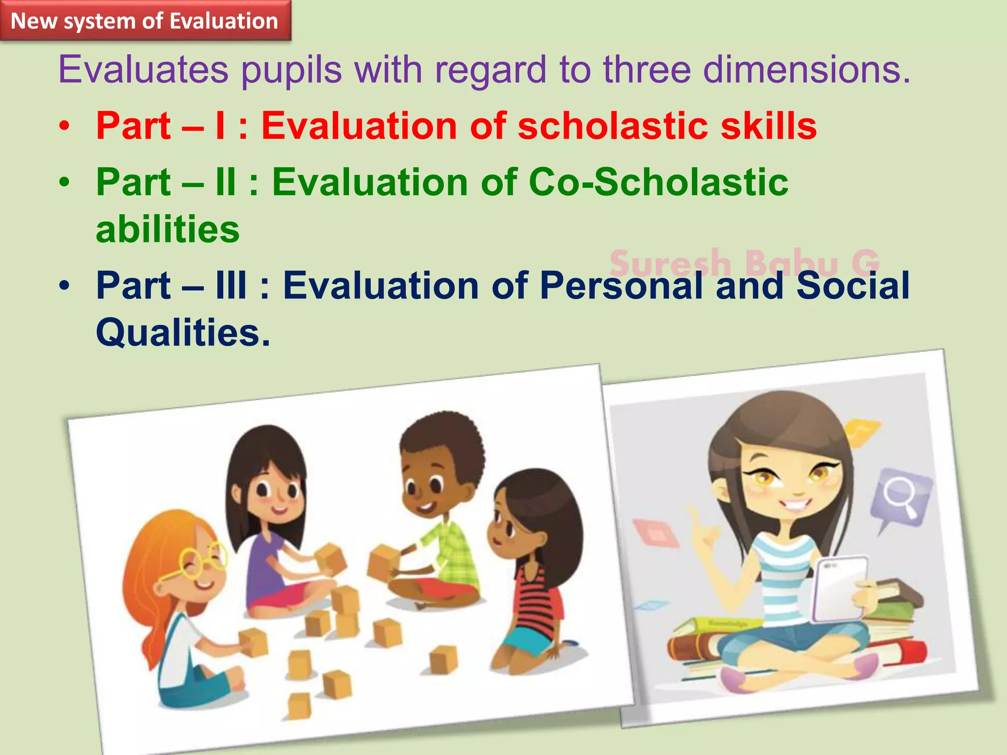 Suresh Babu G
Evaluates pupils with regard to three dimensions.
• Part – I : Evaluation of scholastic skills
• Part – II : Evaluation of Co-Scholastic
abilities
• Part – III : Evaluation of Personal and Social
Qualities.
New system of Evaluation
 