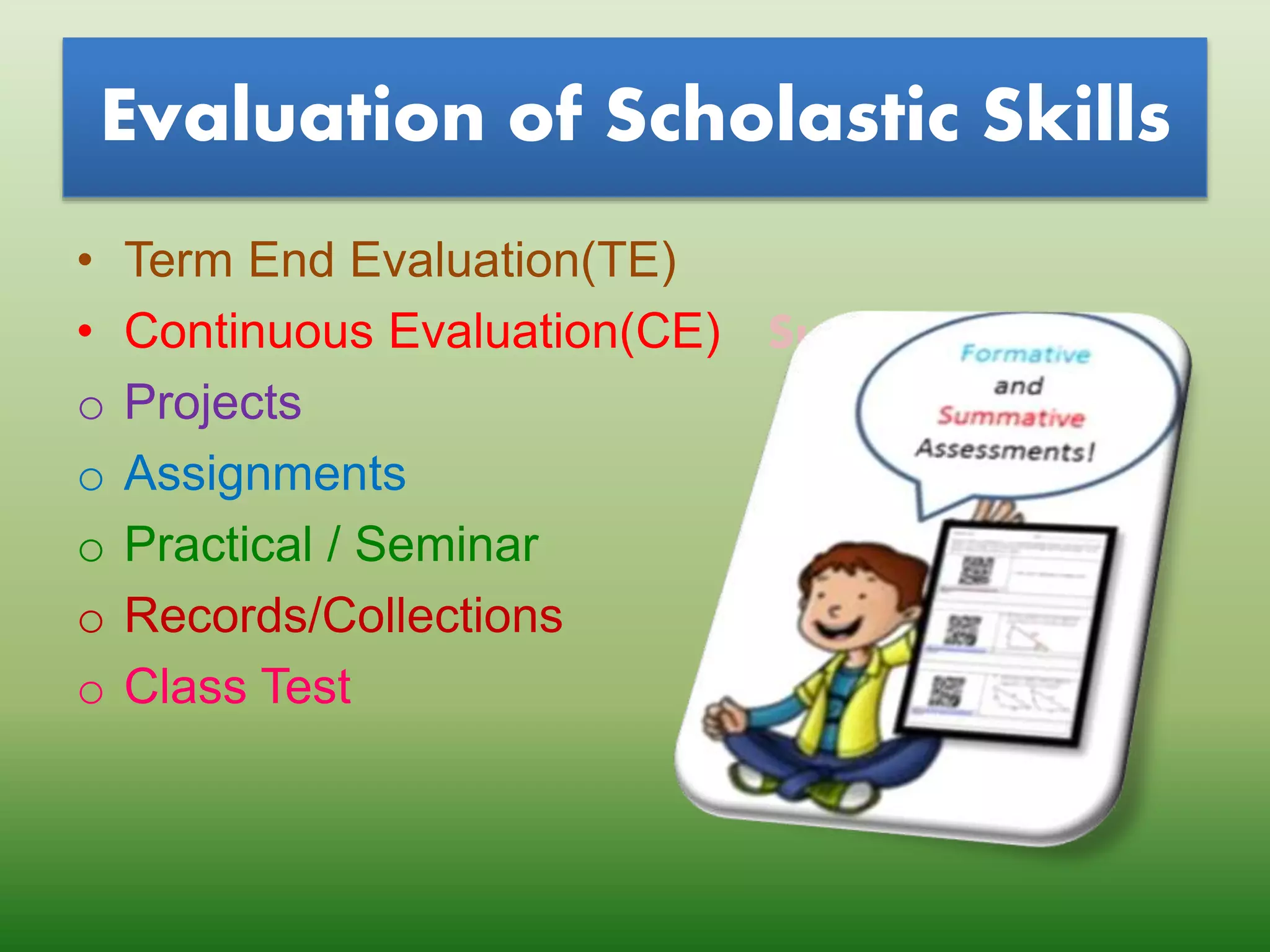 Suresh Babu G
Evaluation of Scholastic Skills
• Term End Evaluation(TE)
• Continuous Evaluation(CE)
o Projects
o Assignments
o Practical / Seminar
o Records/Collections
o Class Test
 