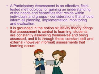 Suresh Babu G
• A Participatory Assessment is an effective, field-
tested methodology for gaining an understanding
of the needs and capacities that reside within
individuals and groups - considerations that should
inform all planning, implementation, monitoring
and evaluation.
• It is grounded in the notion situativity theory brings
that assessment is central to learning; students
are constantly assessing themselves and being
assessed, and it is through these constant self and
external (however informal) assessments that
learning occurs.
 