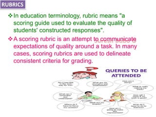 Suresh Babu G
In education terminology, rubric means "a
scoring guide used to evaluate the quality of
students' constructed responses".
A scoring rubric is an attempt to communicate
expectations of quality around a task. In many
cases, scoring rubrics are used to delineate
consistent criteria for grading.
RUBRICS
 