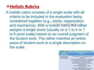 Suresh Babu G
Holistic Rubrics
A holistic rubric consists of a single scale with all
criteria to be included in the evaluation being
considered together (e.g., clarity, organization,
and mechanics). With a holistic rubric the rather
assigns a single score (usually on a 1 to 4 or 1
to 6 point scale) based on an overall judgment of
the student work. The rather matches an entire
piece of student work to a single description on
the scale.
 