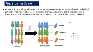 • As medical technology advances it is becoming more and more personalised to individual
patients. Precision medicine, for example, allows physicians to select medicines and
therapies to treat diseases, such as cancer, based on an individual’s genetic make-up.
Precision medicine
17
 