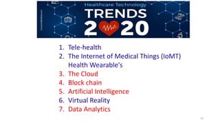 24
1. Tele-health
2. The Internet of Medical Things (IoMT)
Health Wearable's
3. The Cloud
4. Block chain
5. Artificial Intelligence
6. Virtual Reality
7. Data Analytics
 