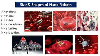  Nanobots
 Nanoids
 Nanites
 Nanomachines
 Nanomites
 Nano spiders
41
Size & Shapes of Nano Robots
 