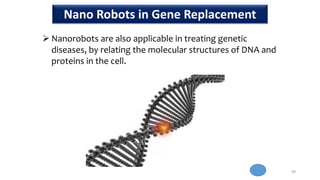  Nanorobots are also applicable in treating genetic
diseases, by relating the molecular structures of DNA and
proteins in the cell.
49
Nano Robots in Gene Replacement
 