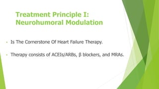 Treatment Principle I:
Neurohumoral Modulation
• Is The Cornerstone Of Heart Failure Therapy.
• Therapy consists of ACEIs/ARBs, β blockers, and MRAs.
 