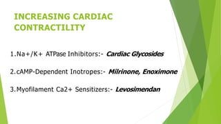 INCREASING CARDIAC
CONTRACTILITY
1.Na+/K+ ATPase Inhibitors:- Cardiac Glycosides
2.cAMP-Dependent Inotropes:- Milrinone, Enoximone
3.Myofilament Ca2+ Sensitizers:- Levosimendan
 