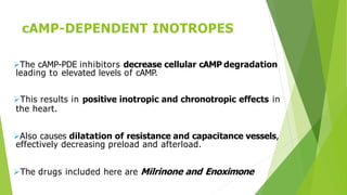 cAMP-DEPENDENT INOTROPES
The cAMP-PDE inhibitors decrease cellular cAMP degradation
leading to elevated levels of cAMP.
This results in positive inotropic and chronotropic effects in
the heart.
Also causes dilatation of resistance and capacitance vessels,
effectively decreasing preload and afterload.
The drugs included here are Milrinone and Enoximone
 
