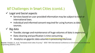 IoTChallenges in Smart Cities (contd.)
53
Introduction to Internet of Things
 Legal and Social aspects
 Services based on user provided information may be subject to local or
international laws.
 Individual and informed consent required for using humans as data
sources.
 Big data
 Transfer, storage and maintenance of huge volumes of data is expensive.
 Data cleaning and purification is time consuming.
 Analytics on gigantic data volumes is processing intensive.
Source: Arasteh, H., et al. "Iot-based smart cities:A survey." IEEE 16th International Conference on Environment and Electrical
Engineering (EEEIC), 2016.
 