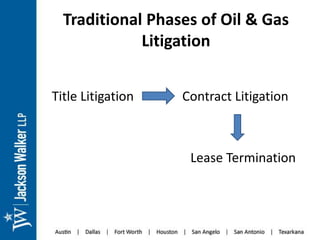 Traditional Phases of Oil & Gas
Litigation
Title Litigation Contract Litigation
Lease Termination
 