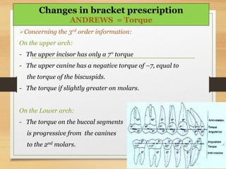 Concerning the 3rd order information:
On the upper arch:
- The upper incisor has only a 7° torque
- The upper canine has a negative torque of –7, equal to
the torque of the biscuspids.
- The torque if slightly greater on molars.
On the Lower arch:
- The torque on the buccal segments
is progressive from the canines
to the 2nd molars.
Changes in bracket prescription
ANDREWS = Torque
 