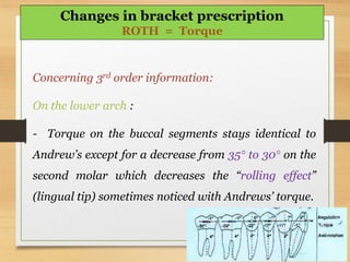 Concerning 3rd order information:
On the lower arch :
- Torque on the buccal segments stays identical to
Andrew’s except for a decrease from 35° to 30° on the
second molar which decreases the “rolling effect”
(lingual tip) sometimes noticed with Andrews’ torque.
Changes in bracket prescription
ROTH = Torque
 
