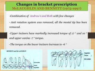 -Combination of Andrew’s and Roth with few changes
- Anti rotation system was removed, all the mesial tip has been
removed.
-Upper incisors have markedly increased torque of 17 ° and 10 °
and upper canine -7 ° torque.
-The torque on the lower incisors increase to -6 °
Changes in bracket prescription
McLAUGHLIN AND BENNETT (1975-1997)
 