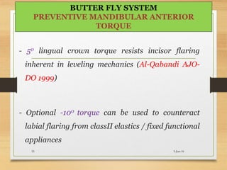 - 50 lingual crown torque resists incisor flaring
inherent in leveling mechanics (Al-Qabandi AJO-
DO 1999)
- Optional -100 torque can be used to counteract
labial flaring from classII elastics / fixed functional
appliances
5-Jun-1655
BUTTER FLY SYSTEM
PREVENTIVE MANDIBULAR ANTERIOR
TORQUE
 