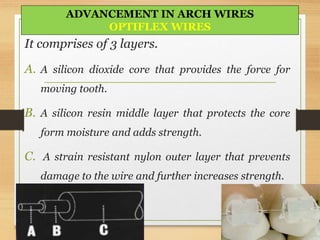 It comprises of 3 layers.
A. A silicon dioxide core that provides the force for
moving tooth.
B. A silicon resin middle layer that protects the core
form moisture and adds strength.
C. A strain resistant nylon outer layer that prevents
damage to the wire and further increases strength.
ADVANCEMENT IN ARCH WIRES
OPTIFLEX WIRES
 