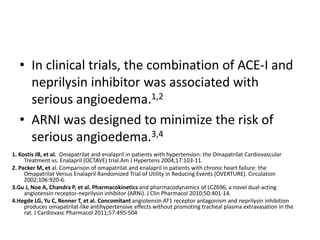 • In clinical trials, the combination of ACE-I and
neprilysin inhibitor was associated with
serious angioedema.1,2
• ARNI was designed to minimize the risk of
serious angioedema.3,4
1. Kostis JB, et al. Omapatrilat and enalapril in patients with hypertension: the Omapatrilat Cardiovascular
Treatment vs. Enalapril (OCTAVE) trial.Am J Hypertens 2004;17:103-11.
2. Packer M, et al. Comparison of omapatrilat and enalapril in patients with chronic heart failure: the
Omapatrilat Versus Enalapril Randomized Trial of Utility in Reducing Events (OVERTURE). Circulation
2002;106:920-6.
3.Gu J, Noe A, Chandra P, et al. Pharmacokinetics and pharmacodynamics of LCZ696, a novel dual-acting
angiotensin receptor-neprilysin inhibitor (ARNi). J Clin Pharmacol 2010;50:401-14.
4.Hegde LG, Yu C, Renner T, et al. Concomitant angiotensin AT1 receptor antagonism and neprilysin inhibition
produces omapatrilat-like antihypertensive effects without promoting tracheal plasma extravasation in the
rat. J Cardiovasc Pharmacol 2011;57:495-504
 