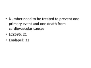• Number need to be treated to prevent one
primary event and one death from
cardiovascular causes
• LCZ696: 21
• Enalapril: 32
 