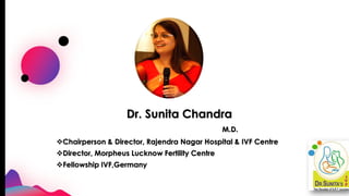 Dr. Sunita Chandra
M.D.
❖Chairperson & Director, Rajendra Nagar Hospital & IVF Centre
❖Director, Morpheus Lucknow Fertility Centre
❖Fellowship IVF,Germany
 