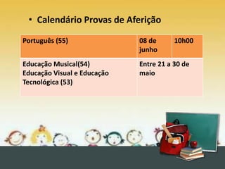 • Calendário Provas de Aferição
Português (55) 08 de
junho
10h00
Educação Musical(54)
Educação Visual e Educação
Tecnológica (53)
Entre 21 a 30 de
maio
 